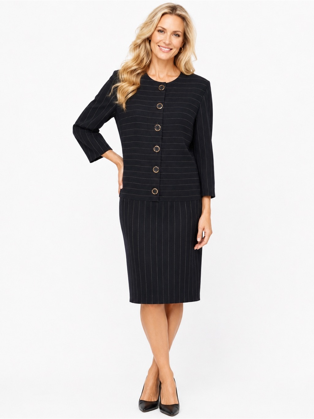 Chetta B Women’s Size 14 Black Pinstripe Button Front Lined Career Dress Midi